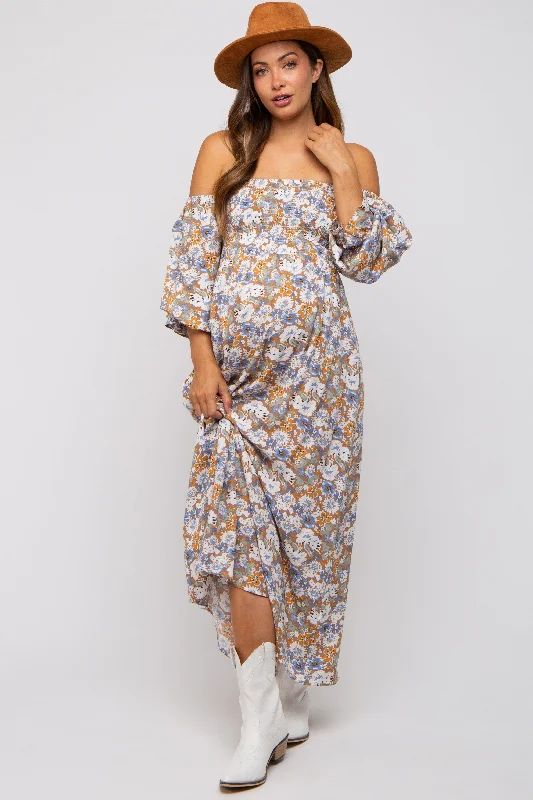 Women's floral dress wild glow -Taupe Floral Print Off Shoulder Smocked Maternity Maxi Dress