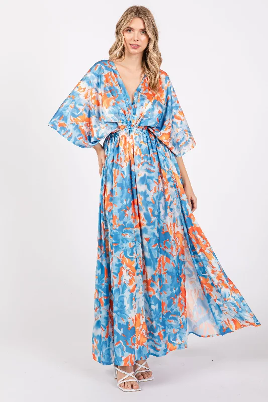 Women's floral dress core chic -Blue Floral Satin V-Neck Maxi Dress