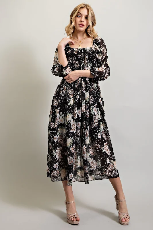 Women's midi dress gloss chic -Black Multi Floral Chiffone Print Midi Dress