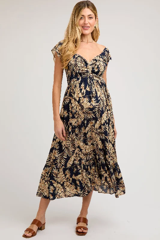 Women's floral dress pure glow -Navy Tropical Print Smocked Short Sleeve Maternity Maxi Dress