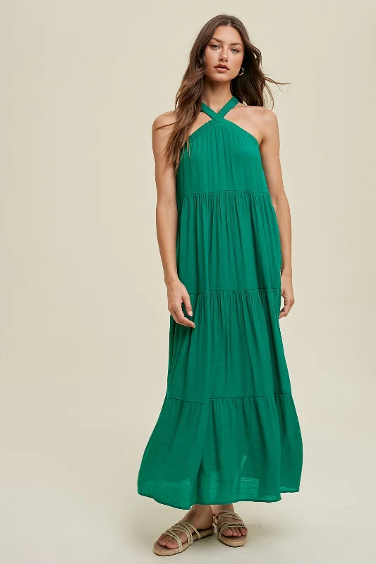 Women's floral dress new bloom -Emerald Halter Tiered Maxi Dress