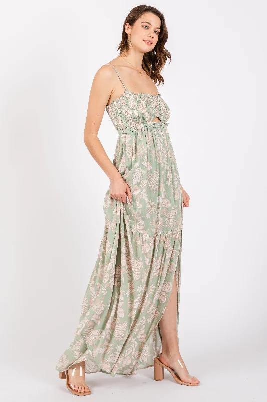 Women's floral dress rest flair -Light Olive Floral Sweetheart Smocked Front Cutout Maxi Dress