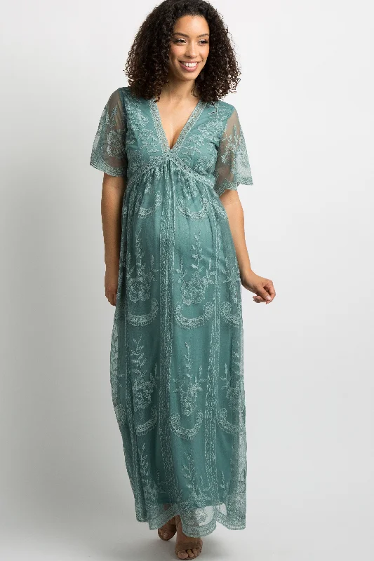 Women's floral dress skip chic -Sage Lace Mesh Overlay Maternity Maxi Dress