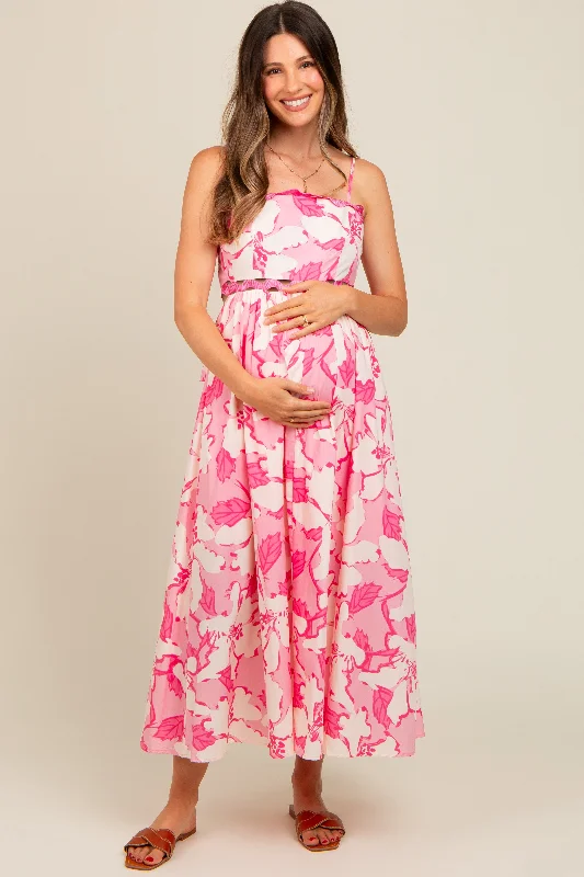 Women's midi dress mute pop -Pink Floral Wave Trim Back Tie Maternity Midi Dress