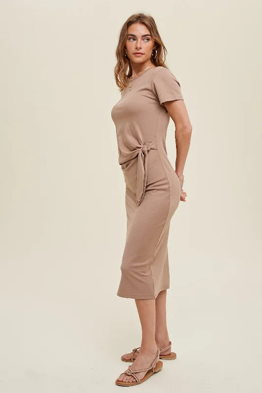 Women's midi dress mauve flair -Mocha Side Tie Midi Dress