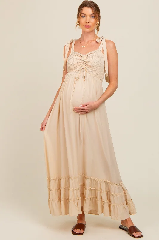 Women's floral dress half flair -Beige Sweetheart Neck Smocked Shoulder Tie Maternity Maxi Dress