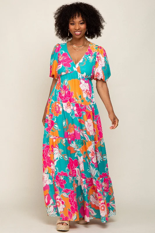 Women's floral dress brim chic -Teal Floral Puff Sleeve Tiered Maxi Dress