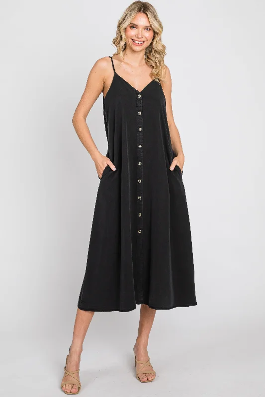 Women's midi dress crisp glow -Black Button Down Midi Tank Dress