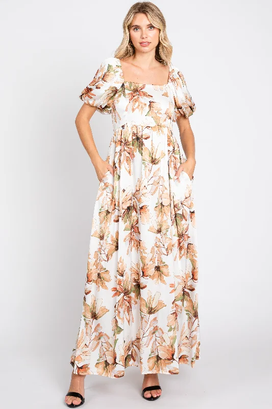 Women's floral dress glint bloom -Cream Floral Satin Puff Sleeve Maxi Dress