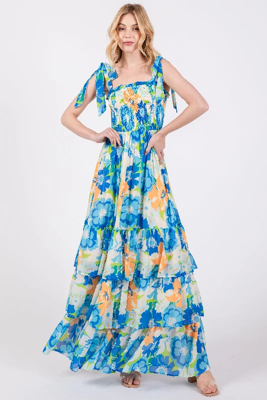 Women's floral dress rite flair -Blue Floral Smocked Shoulder Strap Maxi Dress