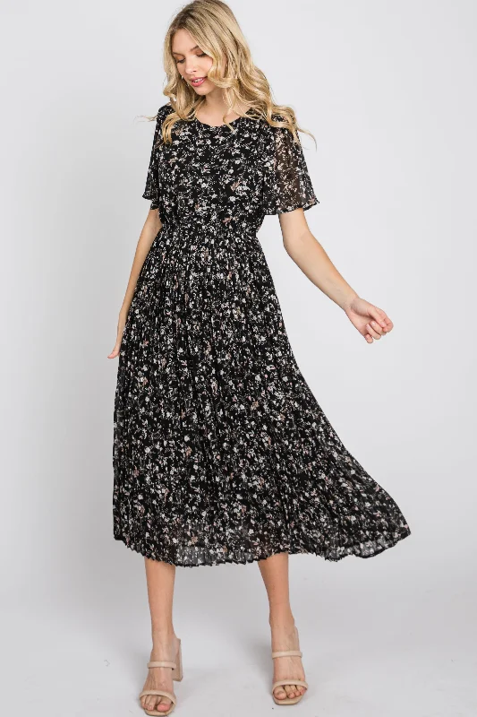 Women's midi dress vine chic -Black Floral Pleated Short Sleeve Chiffon Midi Dress