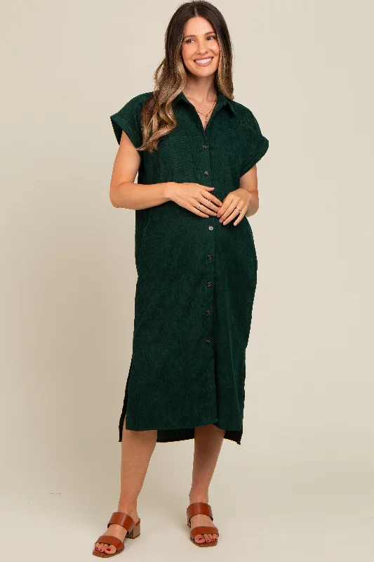 Women's midi dress artsy pop -Forest Green Corduroy Button Down Maternity Midi Dress