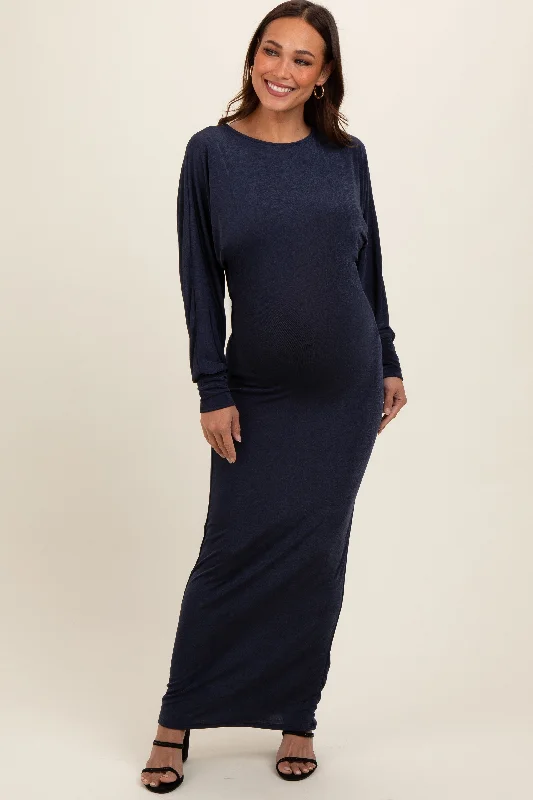 Women's floral dress rust flair -Navy Blue Long Sleeve Open Back Maternity Maxi Dress