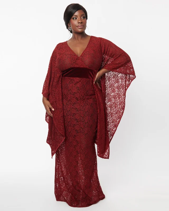 ladies-floral-dress-dance-dawn-Unique Vintage Burgundy Floral Lace Desmond Caftan Dress | Red, Floral