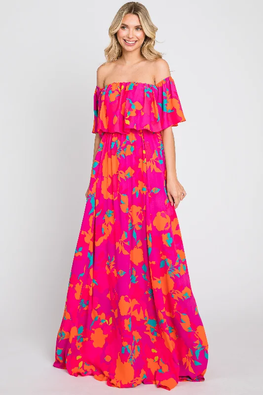 Women's floral dress flash bloom -Fuchsia Floral Strapless Flounce Maxi Dress