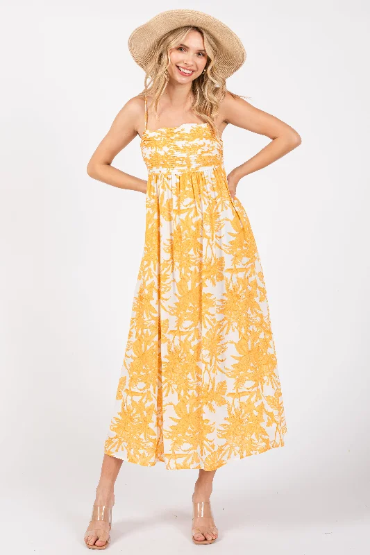 Women's midi dress sprout flair -Yellow Floral Pleated Front Back Cut-Out Midi Dress