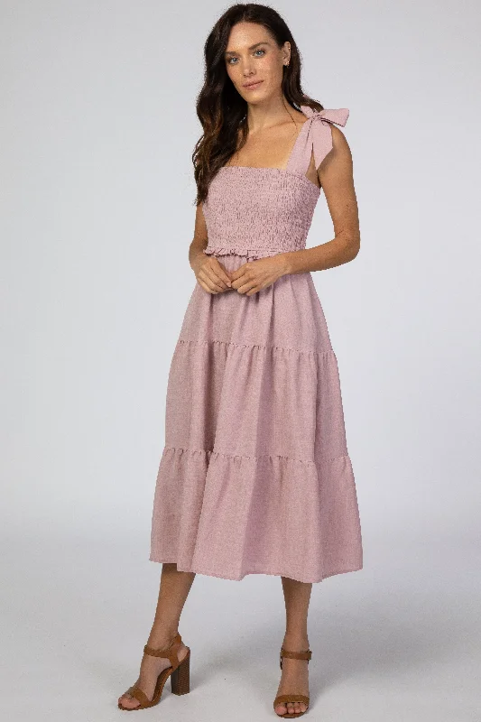 Women's midi dress clean chic -Mauve Bow Strap Tiered Midi Dress