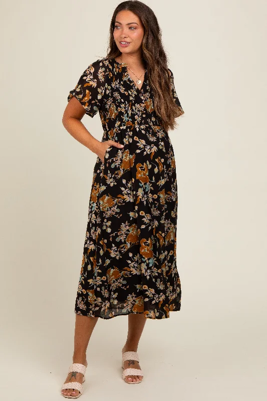 Women's midi dress half glow -Black Smocked Floral Maternity Midi Dress