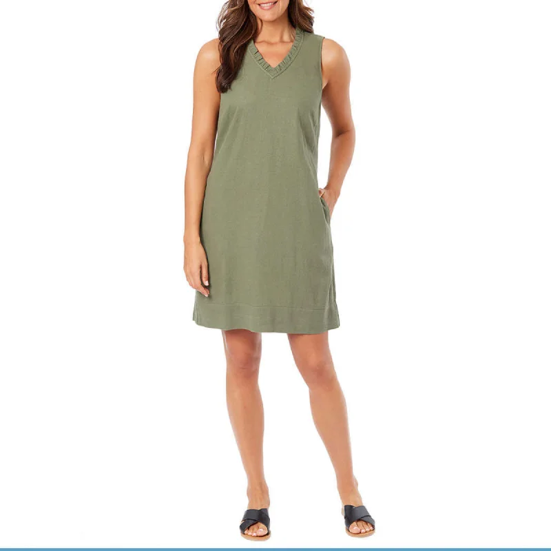 ladies-mini-dress-bodycon-bang-Briggs Women's Ruffle Trim V-Neck Linen Blend Side Pockets Mini Dress