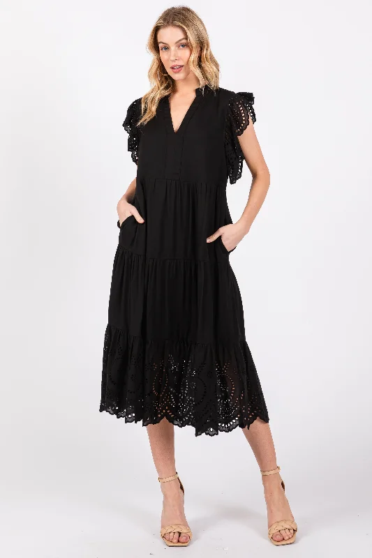 Women's midi dress ice chic -Black V-Neck Eyelet Detail Ruffle Shoulder Tiered Midi Dress