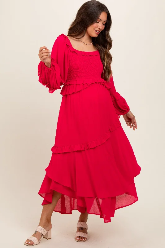 Women's midi dress ever chic -Fuchsia Smocked Ruffle Long Sleeve Maternity Midi Dress