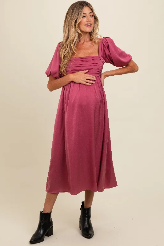 Women's midi dress bare flair -Mauve Satin Pleated Bodice Puff Sleeve Maternity Midi Dress