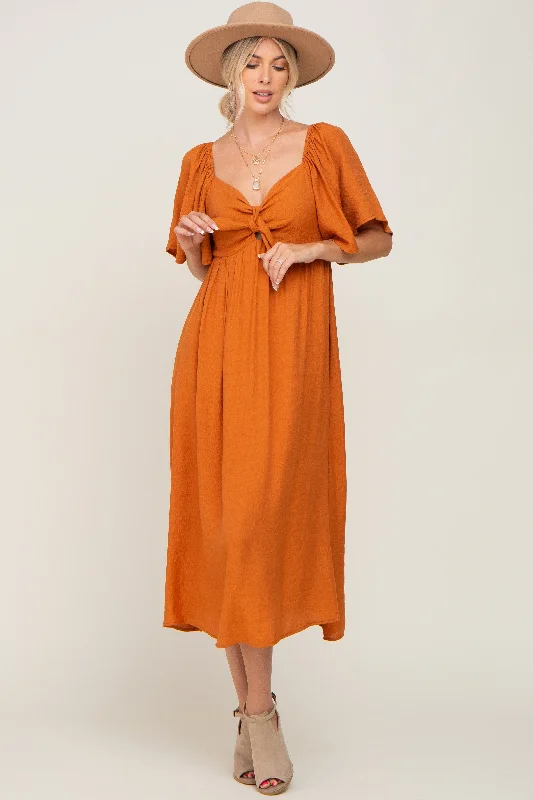 Women's midi dress petal pop -Rust Front Tie Ruffle Sleeve Midi Dress