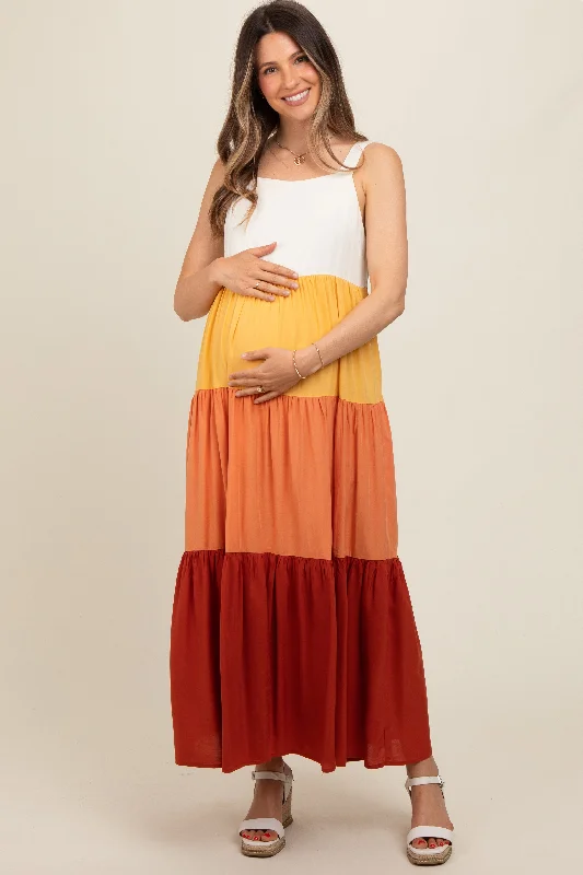 Women's floral dress plush glow -Orange Tiered Colorblock Maternity Maxi Dress