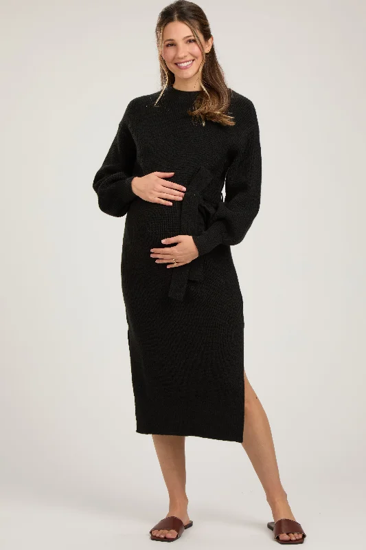 Women's midi dress cozy pop -Black Side Slit Maternity Sweater Midi Dress