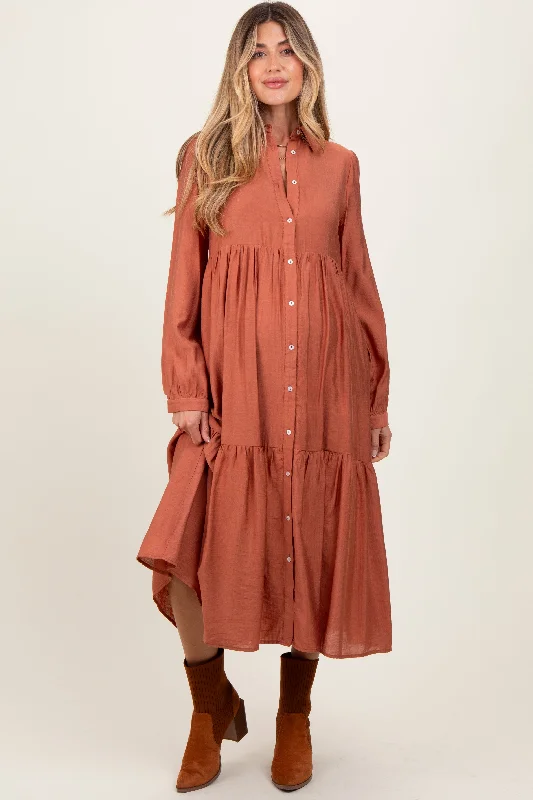 Women's midi dress vivid flair -Rust Button Down Long Sleeve Maternity Midi Shirt Dress