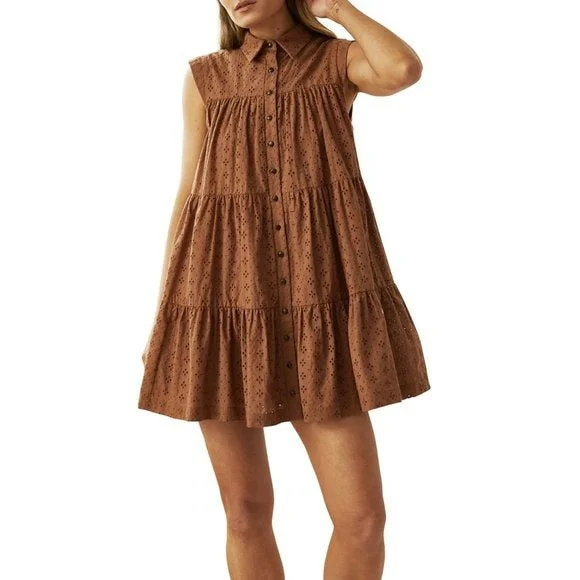 ladies-mini-dress-beaded-buzz-Mon Renn Florence Floral Embordered Tiered Flare Button Down Mini Dress