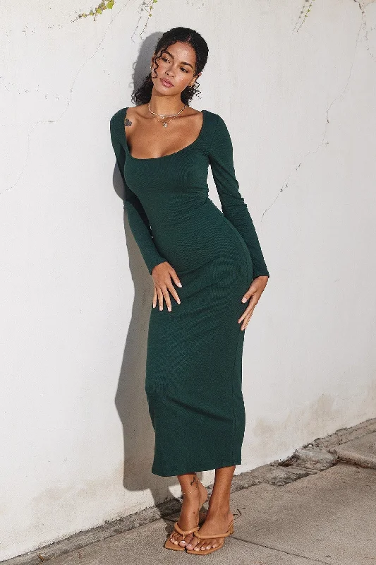 Women's midi dress pull chic -Forest Green Ribbed Scoop Neck Midi Dress