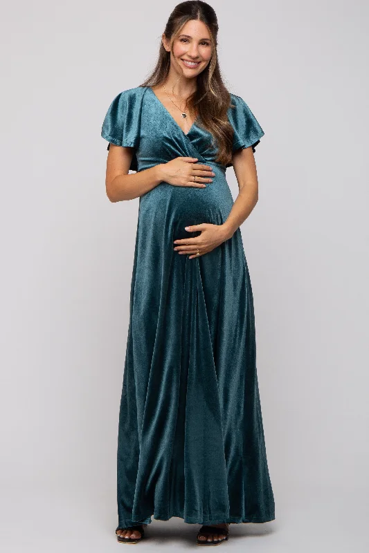 Women's floral dress rise bloom -Teal Velvet Maternity Maxi Dress