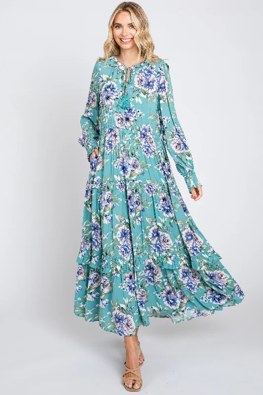 Women's floral dress bell flair -Jade Floral Smocked Ruffle Neck Maxi Dress