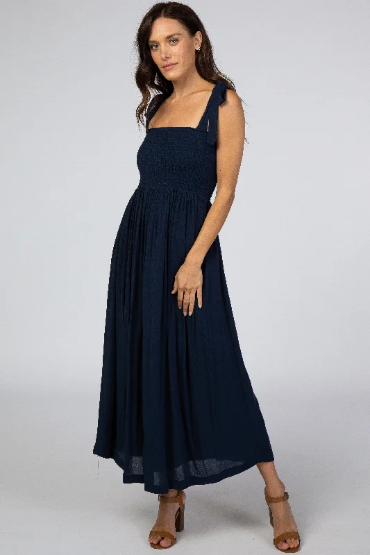 Women's midi dress petal glow -Navy Blue Smocked Tie Strap Midi Dress