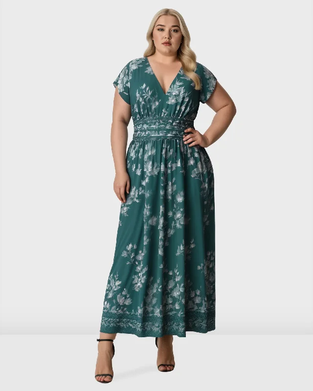 ladies-floral-dress-rich-rose-Floral Print Crepe Pleat Waist Dress | Deap Teal