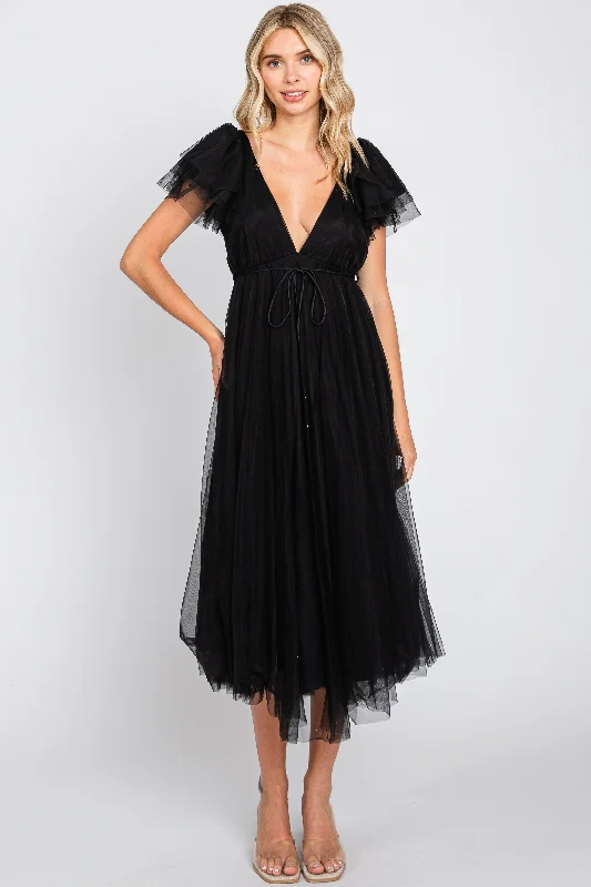 Women's midi dress wed glow -Black Tulle V-Neck Flutter Sleeve Midi Dress