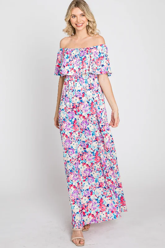 Women's floral dress talk chic -Pink Floral Off Shoulder Maxi Dress