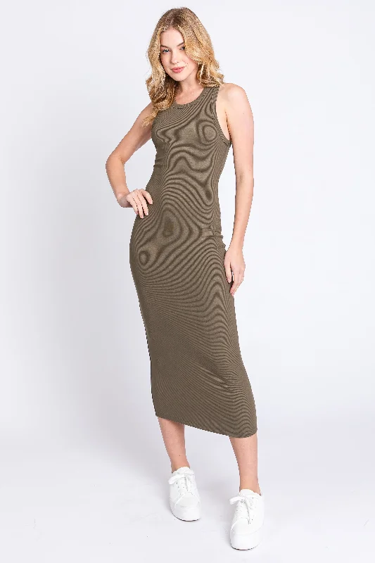 Women's midi dress date pop -Olive Sleeveless Ribbed Fitted Maternity Midi Dress