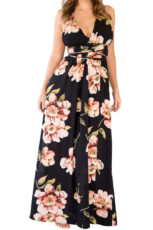 Women's floral dress bead flair -Iyasson Floral V Neck Backless Maxi Dress