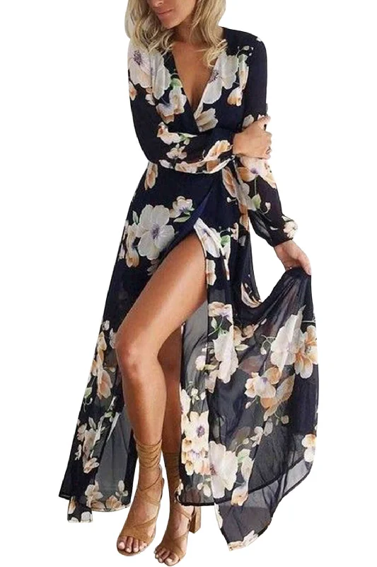 Women's floral dress plush glow -Iyasson Women Cross V-neck Floral Print Wrap Maxi Dress