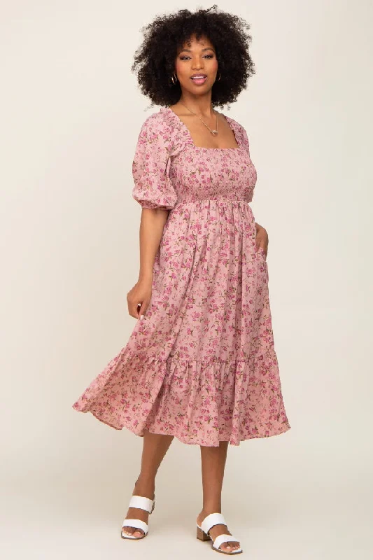 Women's midi dress tie glow -Pink Floral Smocked Midi Dress