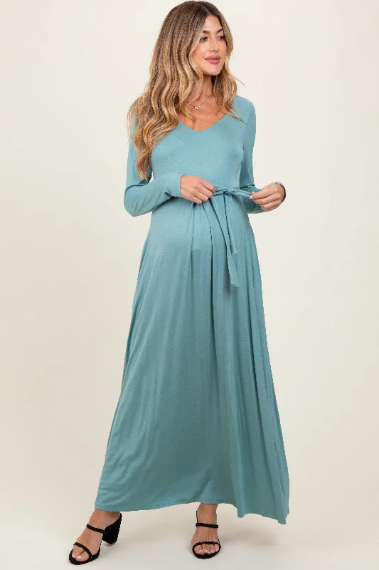 Women's floral dress frost flair -Light Olive V-Neck Long Sleeve Sash Tie Maternity Maxi Dress