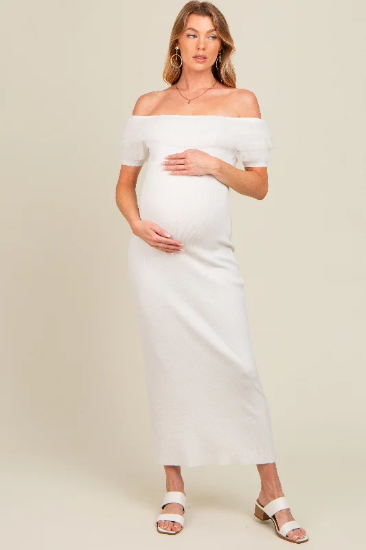 Women's midi dress mama chic -Ivory Tulle Ruffle Off Shoulder Sweater Maternity Midi Dress