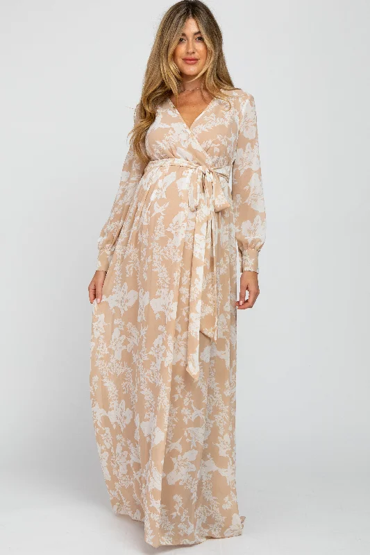 Women's floral dress shine flair -Taupe Floral Chiffon Maternity Maxi Dress