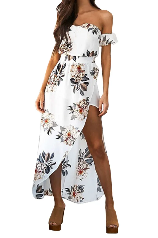 Women's floral dress shine pop -Iyasson Women Off-shoulder Floral Print Holiday Maxi Dress