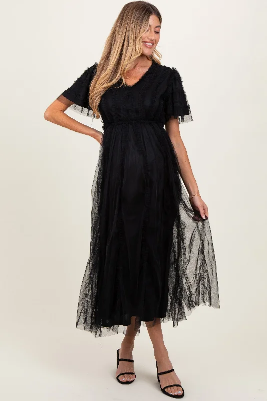 Women's floral dress dash glow -Black Ruffle Accent Mesh Overlay Maternity Maxi Dress