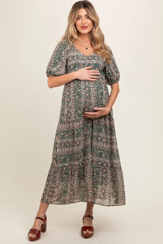 Women's floral dress feast pop -Forest Green V-Neck 3/4 Sleeve Maternity Maxi Dress