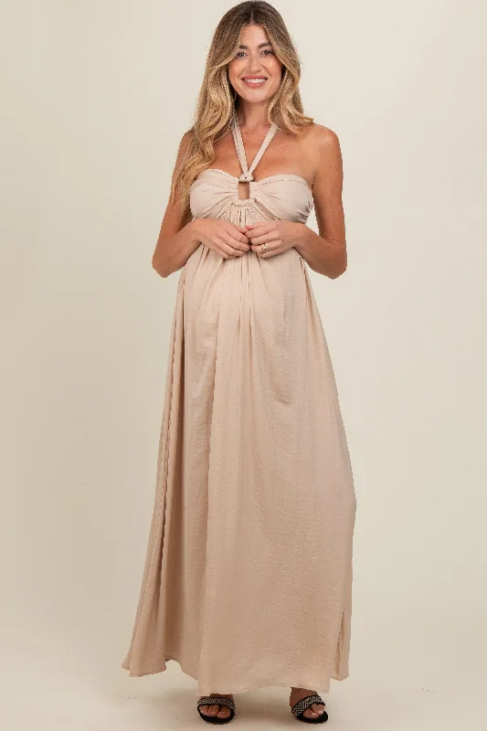 Women's floral dress brim chic -Beige Halter Cutout Maternity Maxi Dress