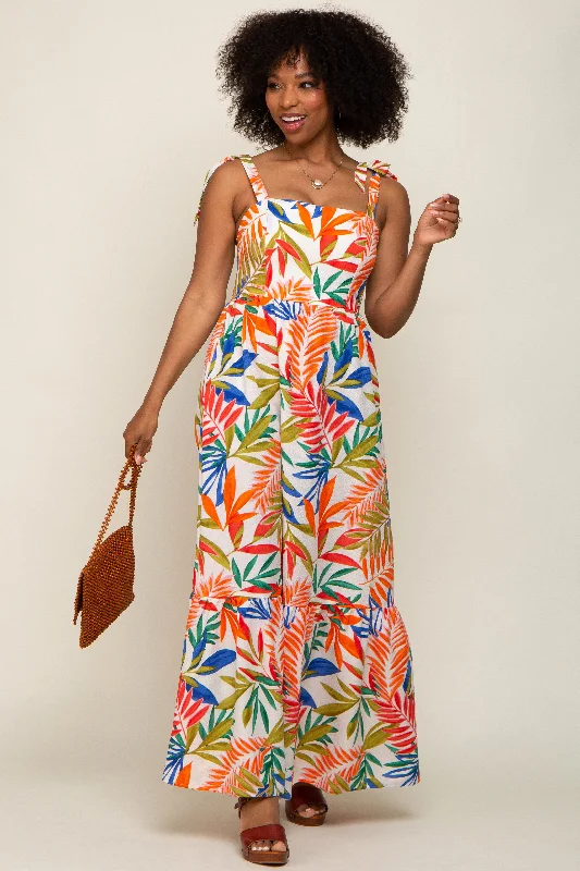 Women's floral dress bare chic -Orange Multi-Color Palm Print Shoulder Tie Maxi Dress